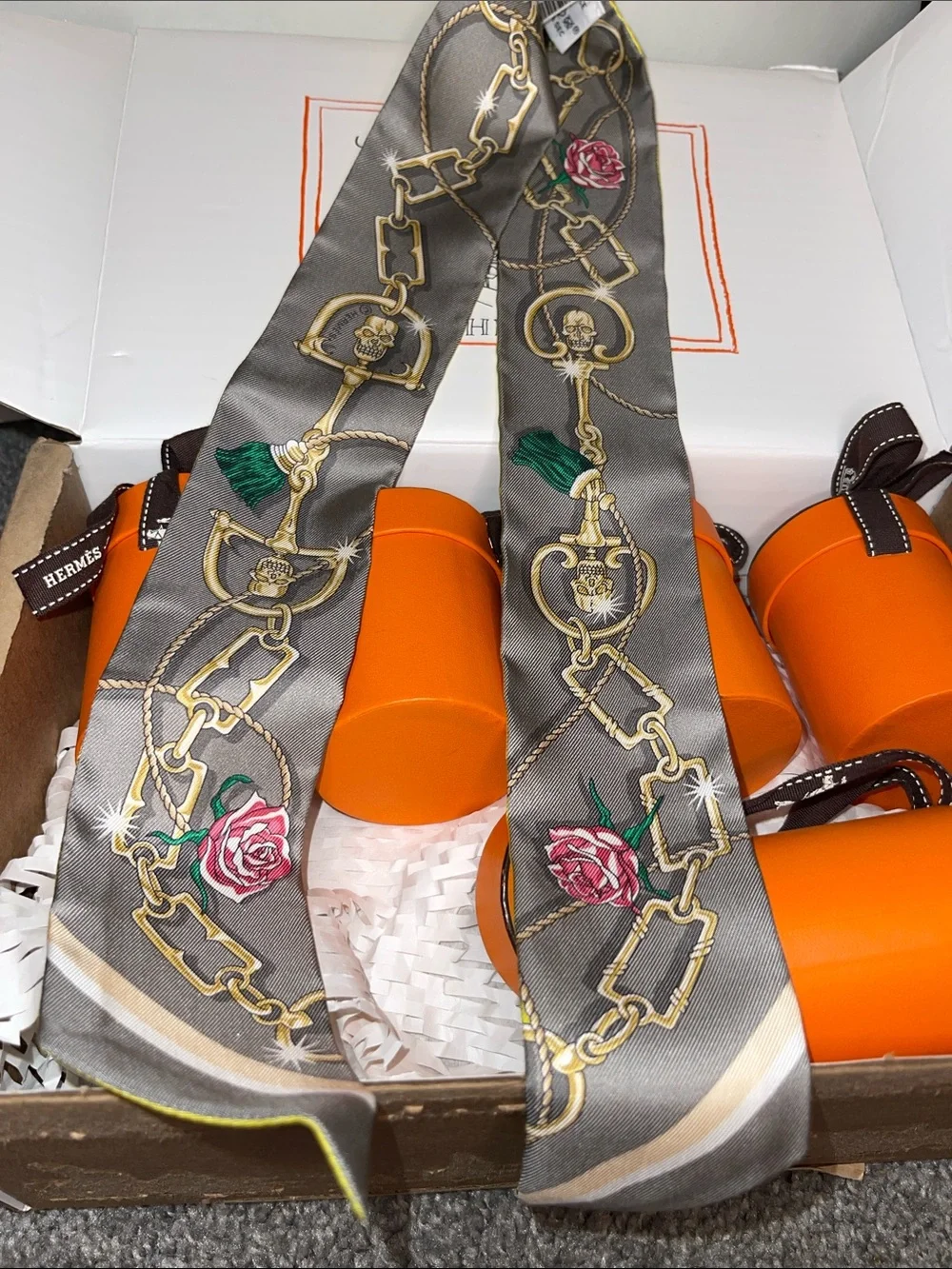 Hermés C’est La Fete Yellow & Grey Silk Twilly Scarf with Roses